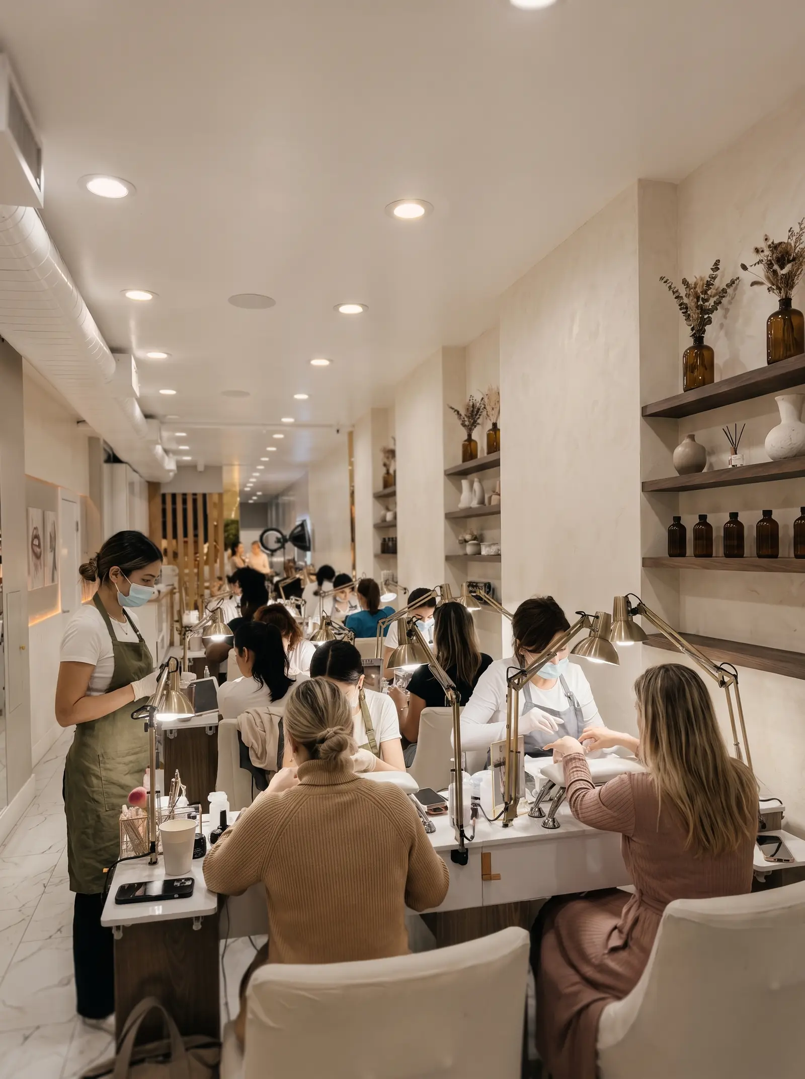 A salon floor mid-service, every station occupied