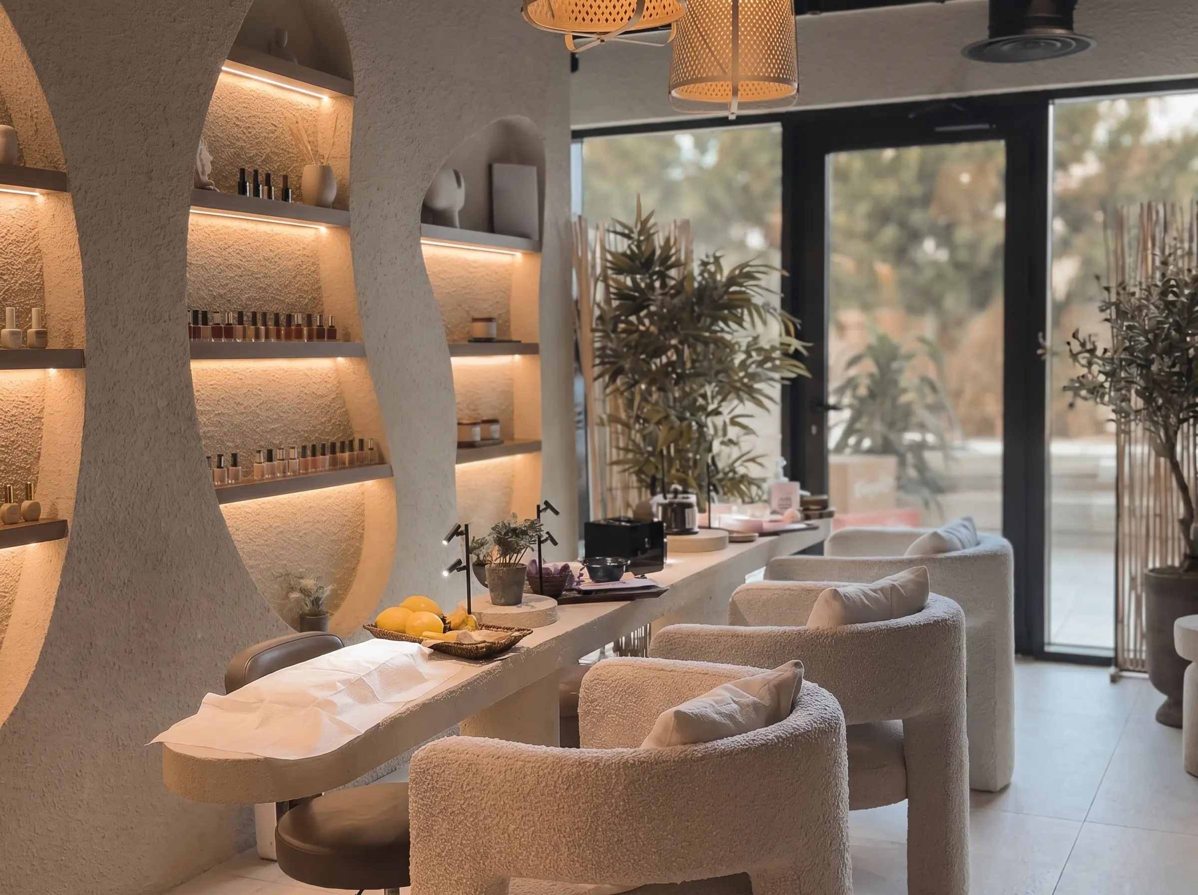 A quiet salon lounge, lit and waiting