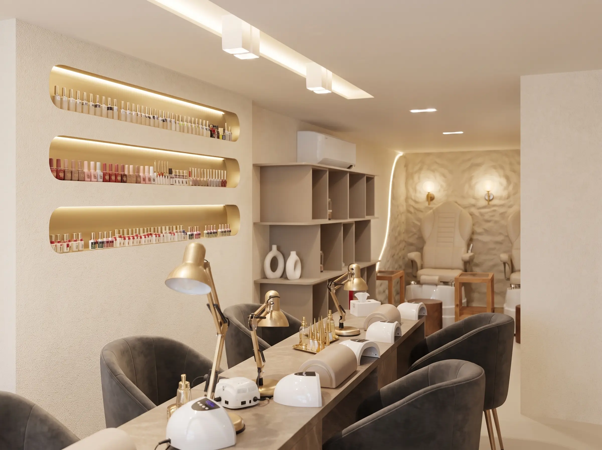 A wall of polish along a salon shelf